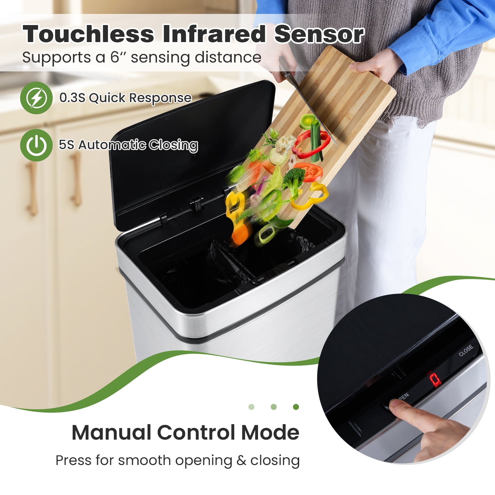 Gymax 16 Gallon Trash Can w/Dual Compartments for Bedroom Bathroom Kitchen Stay Open