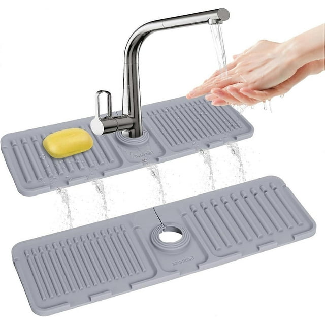 Kitchen Sink Splash Guard,Silicone Faucet Mat,Faucet Handle Drip Strainer Tray,17.5 inch x 5.5 inch Sink Sponge Rack,Kitchen Sink Protector (Gray)