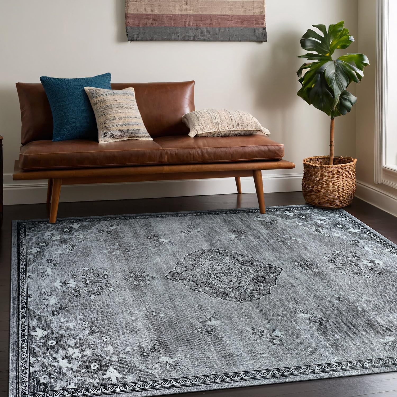 Beverly Rug Machine Washable Easy Cleaning Indoor Non-Slip Rugs Gray / Dark Gray 4'x6'