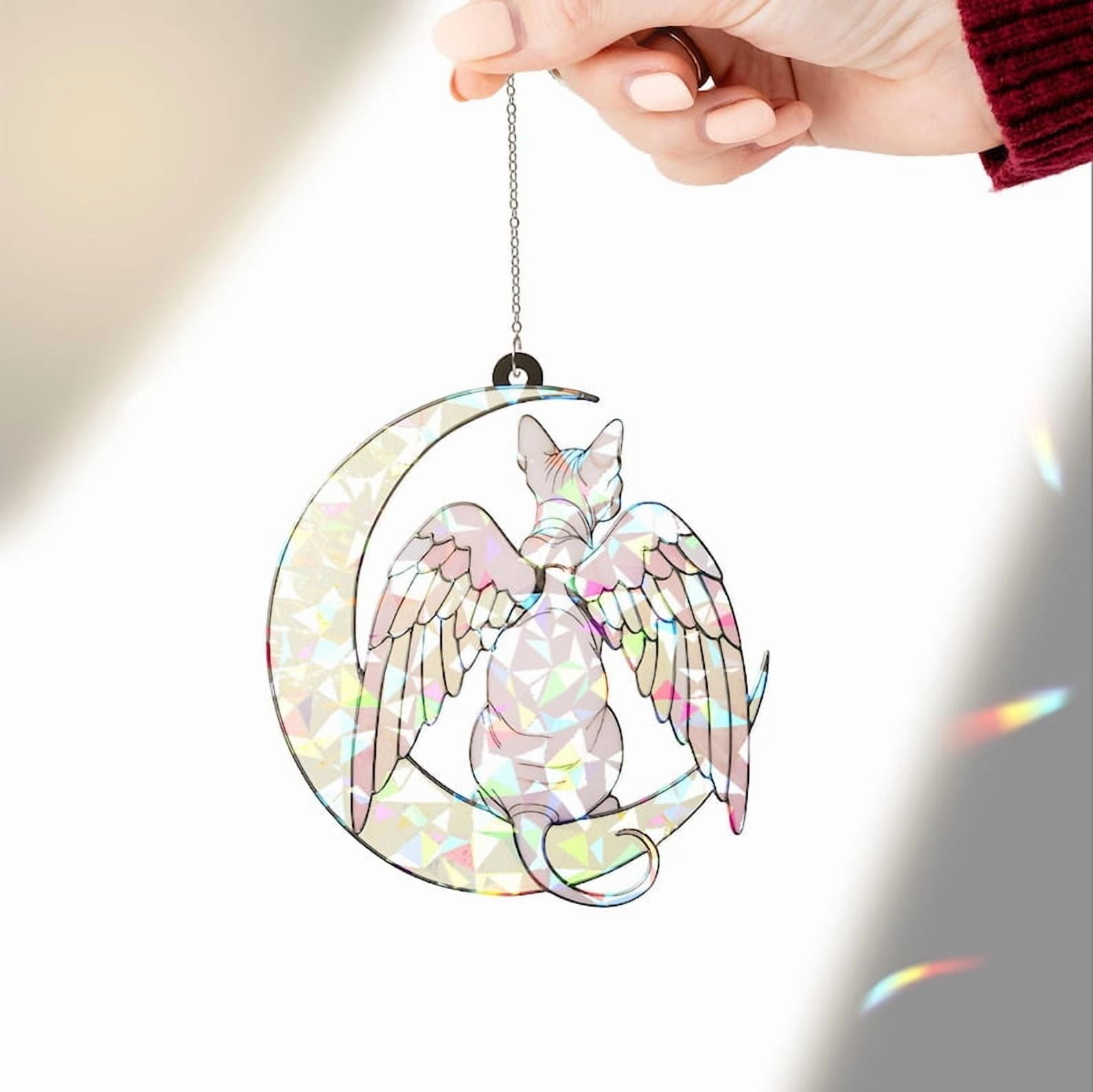 ViciArt Sphynx Angel Cat Suncatcher, 6" Holographic Acrylic Window Hanging, Celestial Pet Memorial Decor