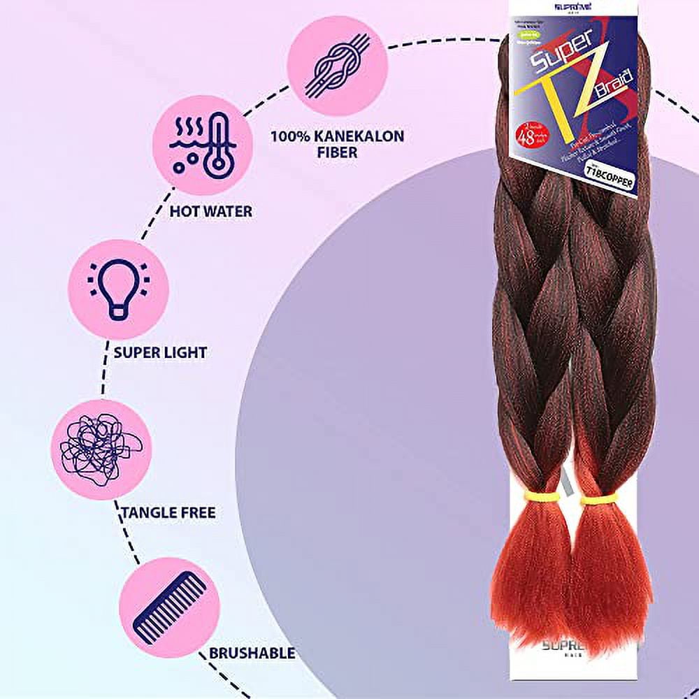 Supreme Hair Pre-Stretched Braiding Hair Extensions â€“ 48 Inch Long Unfolded 6 Bundles Total Xpression 100% Kanekalon TZ Braid Pre-Cut and Pre-Combed Synthetic (3-PACK, T1B/COPPER)