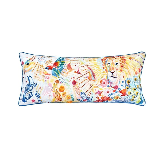 Animal Kingdom Lion Blue Multicolor Cotton Decor Throw Pillow, 15" x 35" Cover And Insert Set