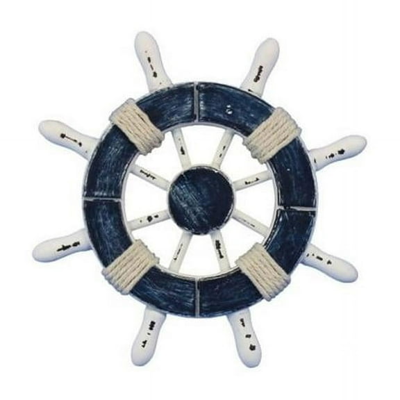 Handcrafted Model Ships SW-6-108-NH 6 in. Rustic Dark Blue & White Decorative Ship Wheel