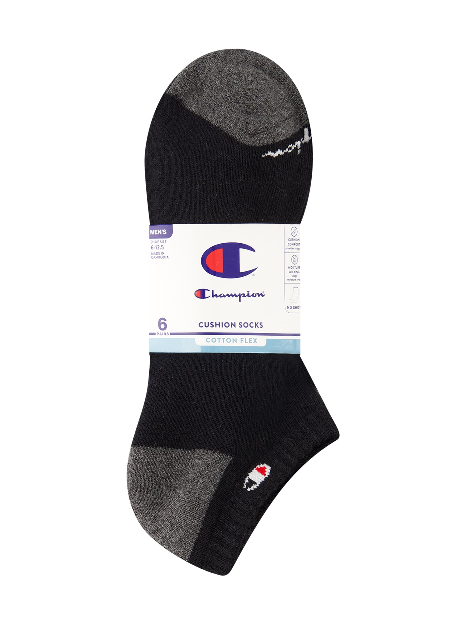 Champion Men’s No Show Socks 6 Pack – Half Terry Cushion, Moisture-Wicking, Arch Support, Stretch Comfort, Sizes 6–12.5
