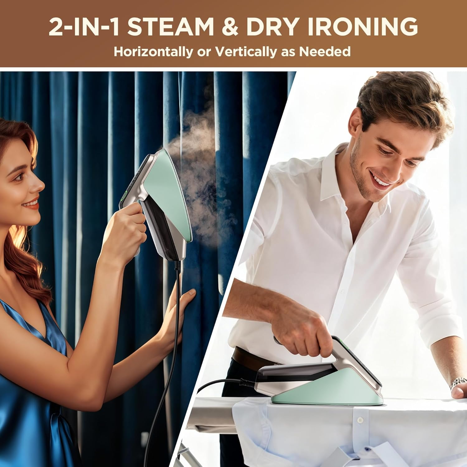 Newbealer Steam Iron for Clothes,2 IN 1 1500W Turbo Iron and Steamer,Burst of Steam,2 Bar Pressure Clothes Iron, 4 Steam & 4 Dry Heat Modes,Auto-Off,Self-Cleaning