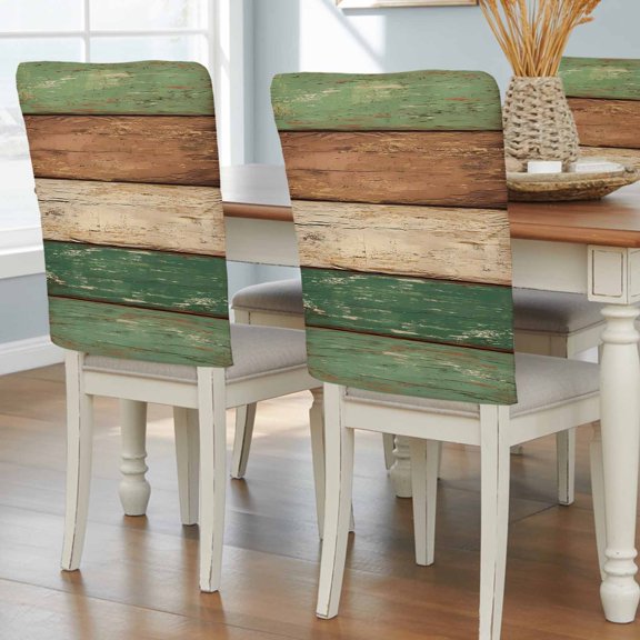 Farmhouse Dark Sage Green Brown Chair Back Covers, Vintage Wooden Striped Removable Chair Covers for Dining Chairs Set of 8, Washable Chairs Slipcovers Back Seat Protector for Wedding Party 19"x20"