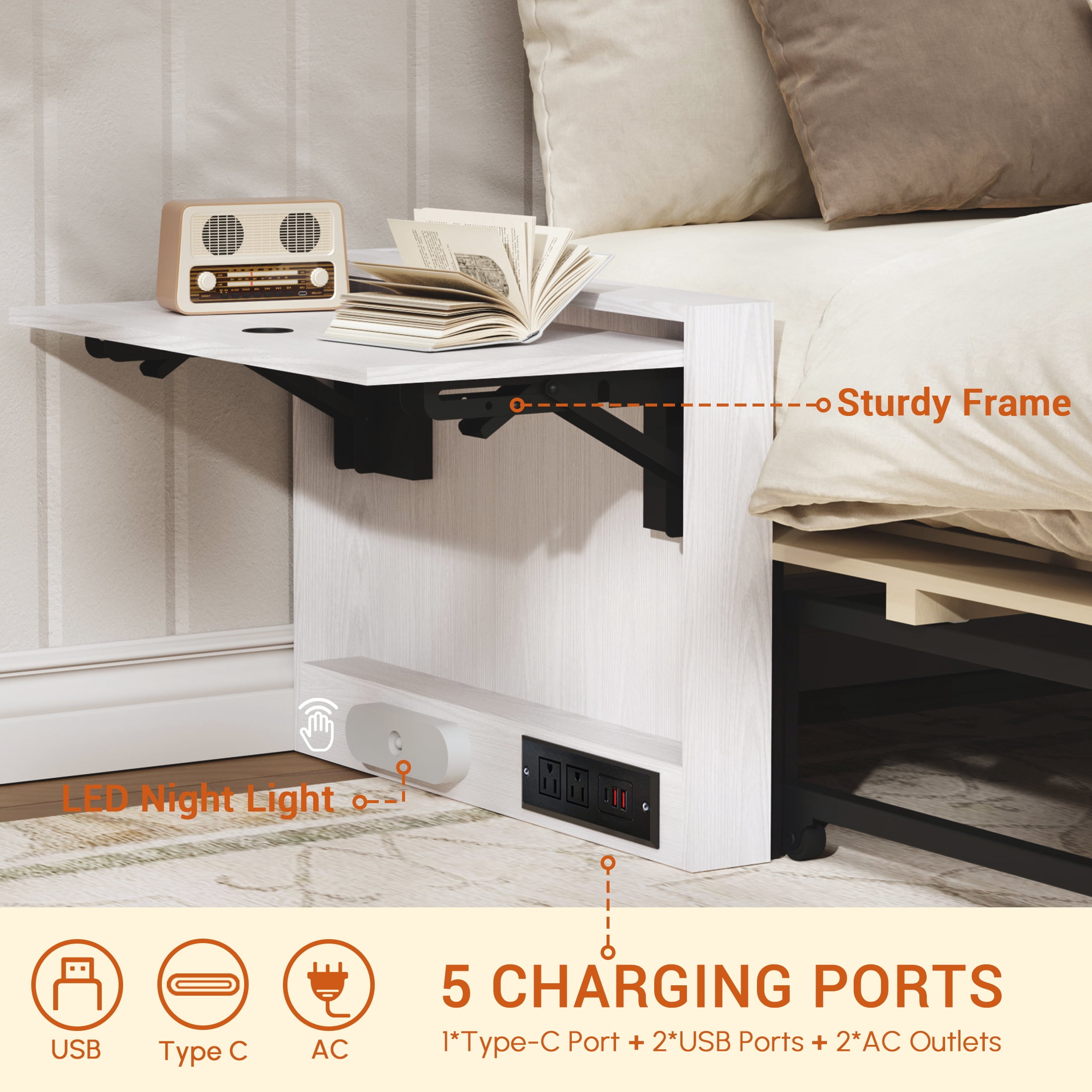 Full Murphy Bed with Mattress,Full Size Cabinet Bed with Folding Nightstand and Charging Station & LED Light,Multifunctional Space-Saving Wall Bed for Bedroom, Guest Room,Office,White
