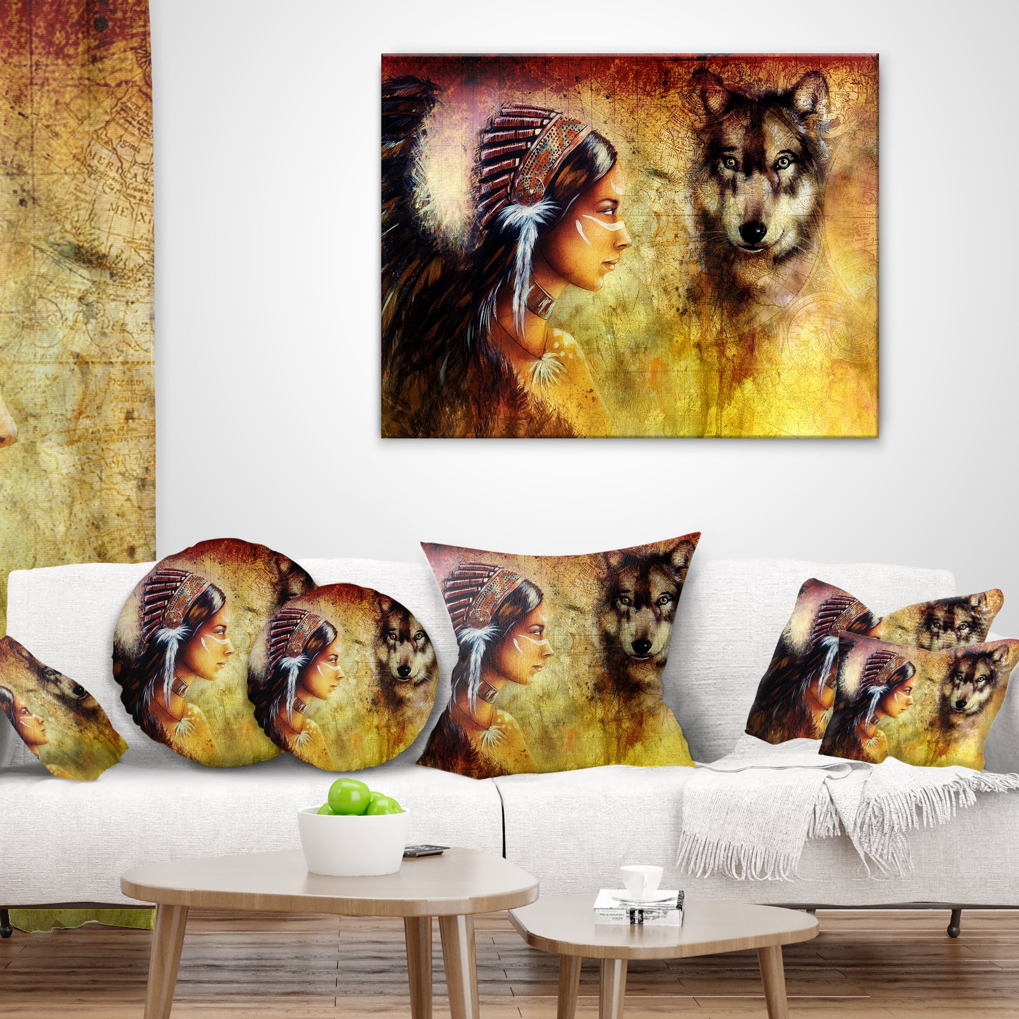 Designart Woman with Wolf - Portrait Throw Pillow - 18x18