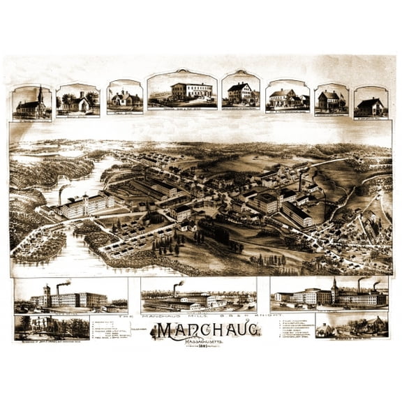 Antique Map of Manchaug Massachusetts 1891 Worcester County Canvas Art - (36 x 54)