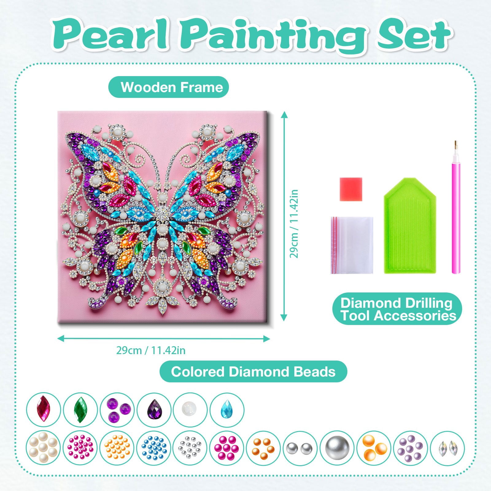 FLOPESN DIY Pearl Painting Kit with Wood Frame, 11.42x11.42 Inch Home Wall Art Decor, Mindful Adult Craft for Stress Relief and Relaxation-Butterfly-1