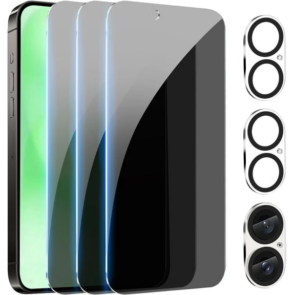 [3 3Pack] Privacy Screen Protector for iPhone 16/iPhone 16 Plus/iPhone 16 Pro/iPhone 16 Pro Max(Optional) with Camera Lens Protector Full Coverage Anti-Spy Tempered Glass Film 9H Hardness