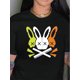thumbnail image 1 of Machine Washable, Women's Plus Size Black Casual T-Shirt with Colorful Rabbit Head Graphic, Stretchy Short Sleeve Crew Neck Tee, Summer Collection, 0XL-4XL, Plus Size Casual T Shirt Tee For Adult, Me, 1 of 7