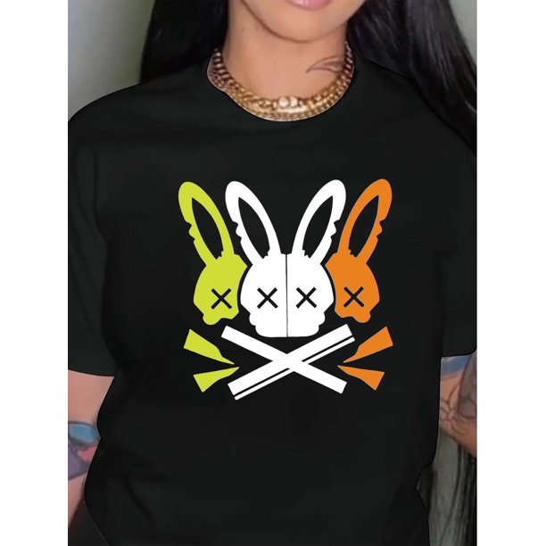 Machine Washable, Women's Plus Size Black Casual T-Shirt with Colorful Rabbit Head Graphic, Stretchy Short Sleeve Crew Neck Tee, Summer Collection, 0XL-4XL, Plus Size Casual T Shirt Tee For Adult, Me