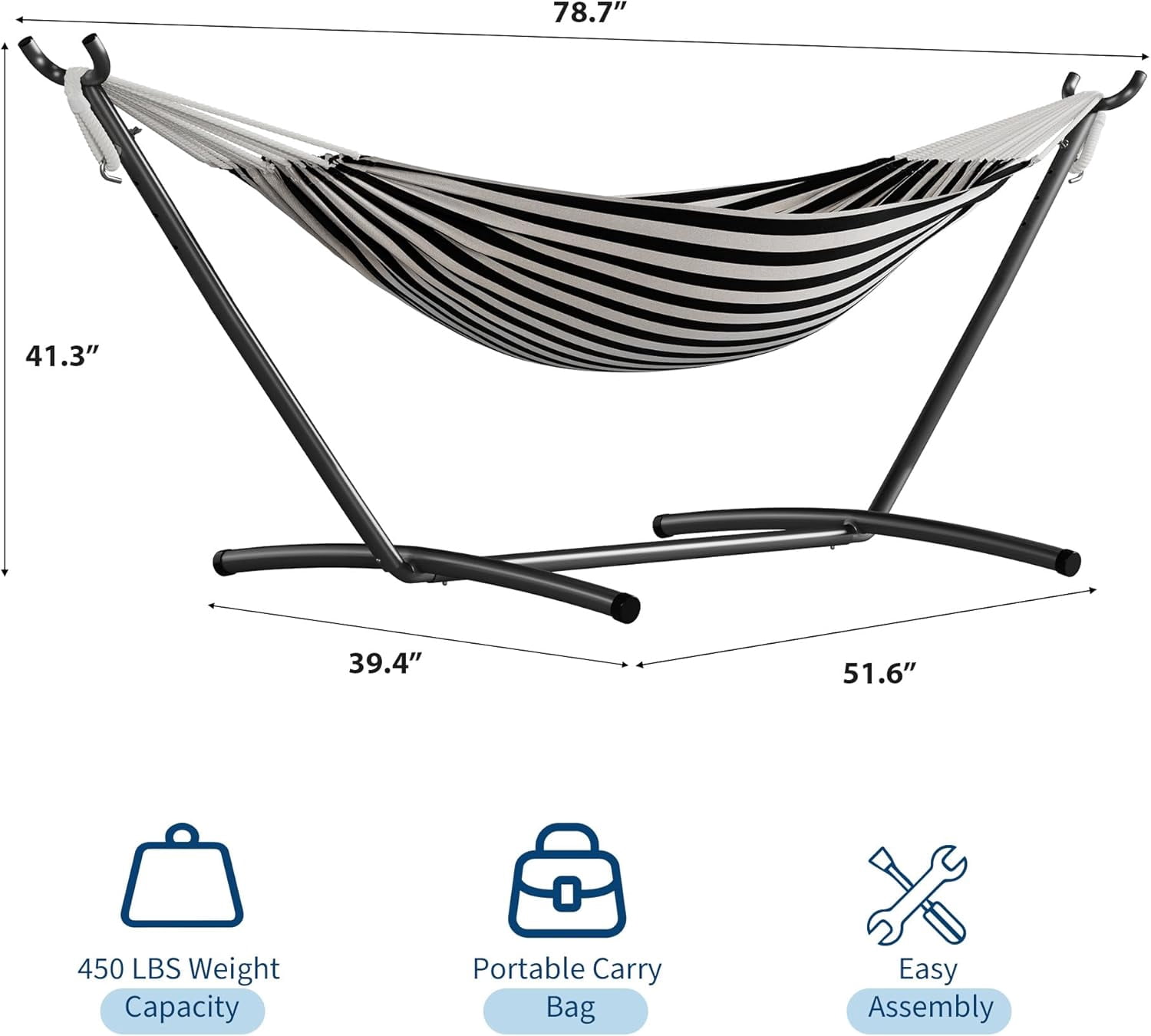 Double Hammock with Foldable Steel Stand and Carrying Bag, Portable Freestanding Hammock for Indoor & Outdoor Use, 450 lbs Capacity, Ideal for Garden, Patio, Camping, Beach, Black