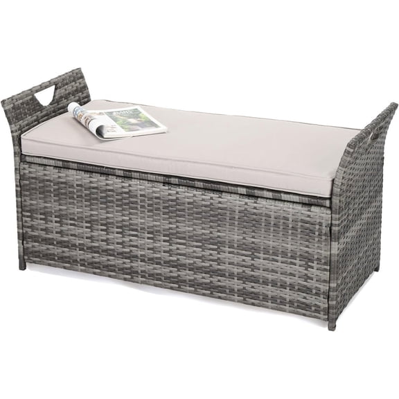 Deck Box Rattan 40 Gallon Backyard Storage Bin Container For Patio Furniture Cushions Pillows Garden Tools Pool Accessories Wooden Porch Bench Cushion Indoor Outdoor Storage Box Grey