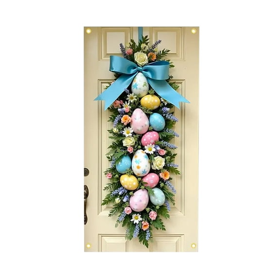 Spring Summer Easter Wreath for Front Door, 70.87x35.43 inch Artificial Egg and Colorful Flower Wreath with Welcome Sign, for Front Door Wall Window Festival Decor, Spring/Summer Greenery Wreath