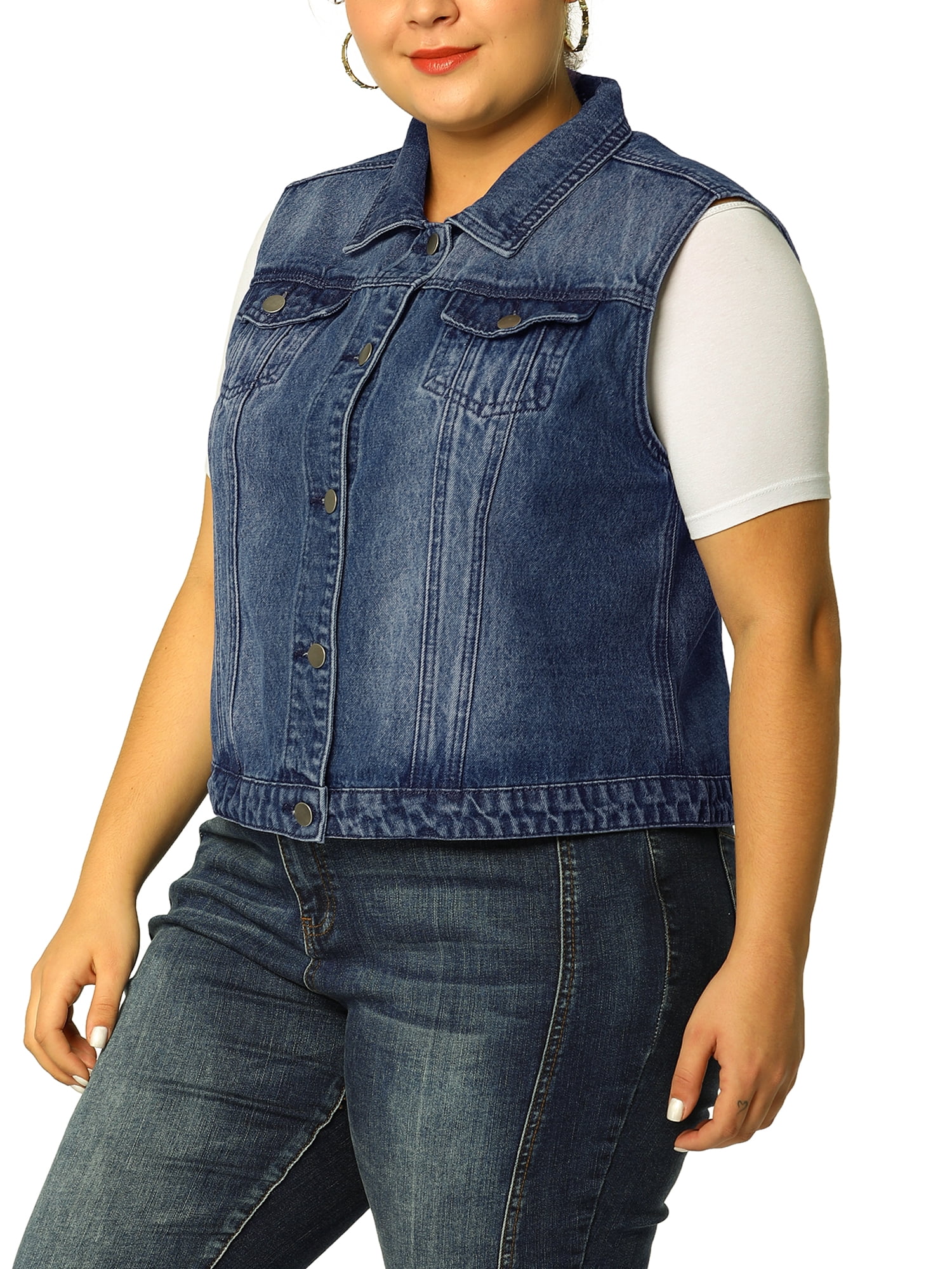 Unique Bargains Juniors' Plus Size Chest Pockets Single Breasted Denim Vest
