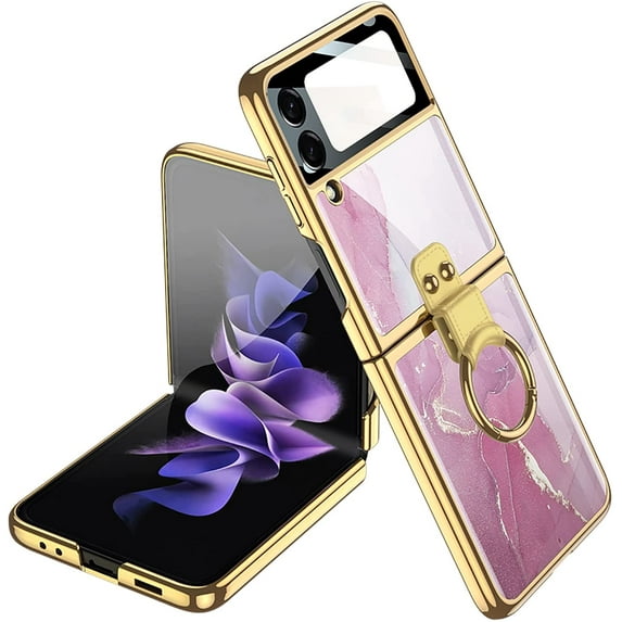 For Samsung Galaxy Z Flip 3 5G Cover with Ring Luxury Marble Plating Ring Stand Flip with Camrea protection Case