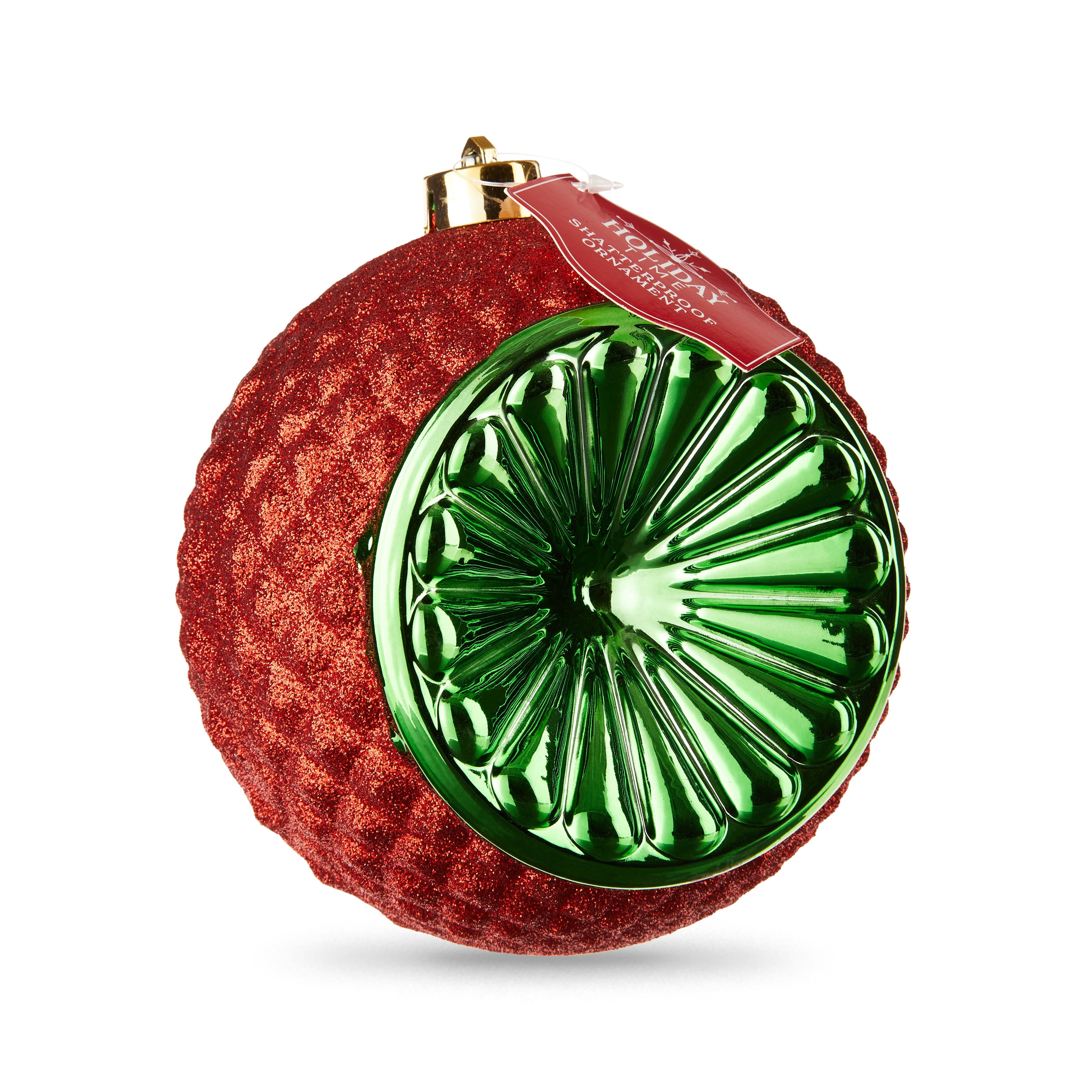 Red & Green Glitter Vintage-Style Witch Eye 150mm Jumbo Shatterproof Round Christmas Ornament, Holiday Time