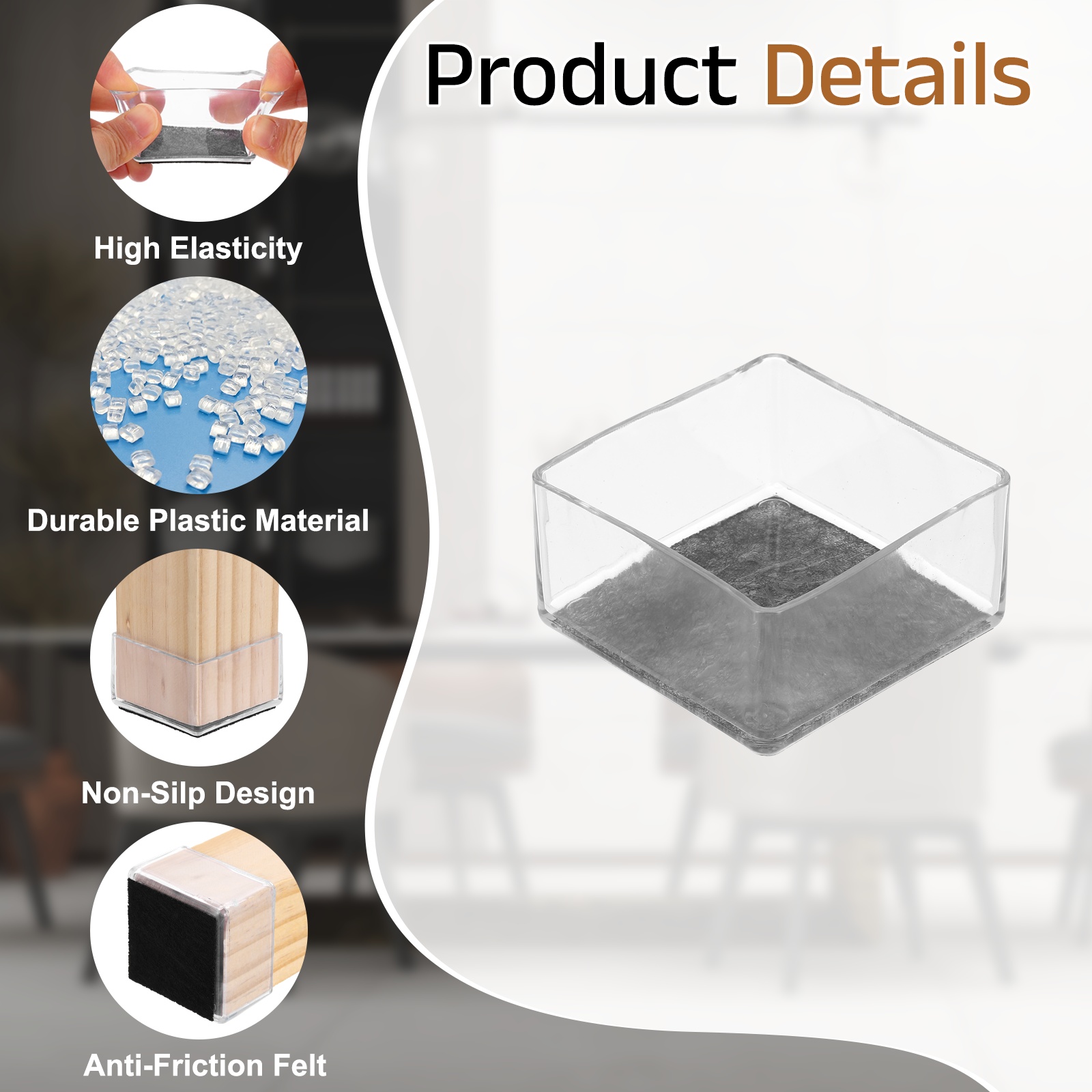 Uxcell 28Pcs Square Chair Leg Protectors, 2.36" & Felt Furniture Chair Leg Cover Caps for Hardwood Floors Elastic Scratch Reduce Noise Covers Furniture Pads, Clear Black