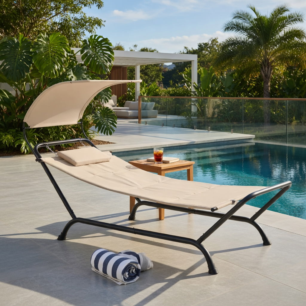 Hommoo Outdoor Hanging Chaise Lounge Chair with Sun-Blocking Canopy, Thick Cushion & Pillow, Heavy-Duty Metal Frame for Patio, Deck, Poolside, Beige
