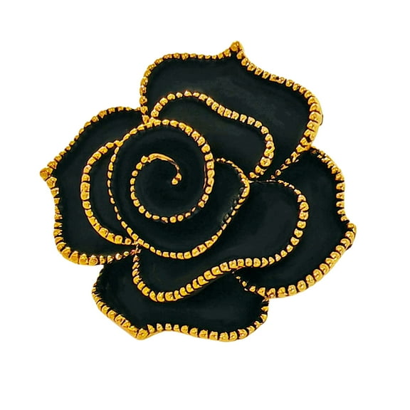 Jewelblings Vintage Golden Beaded Full Bloom Black Rose Brooches Gold Tone Multi Petal Black Rose Flower Enameled Pin Women Church Jewelry