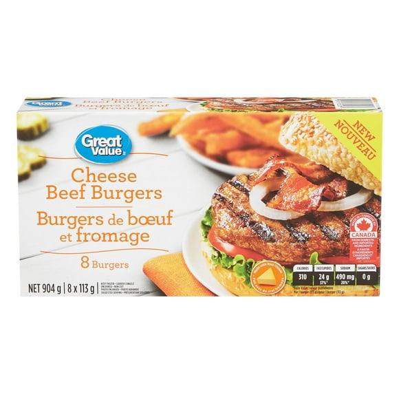 Great Value Frozen Cheese Beef Burgers, 8x113g, 904g