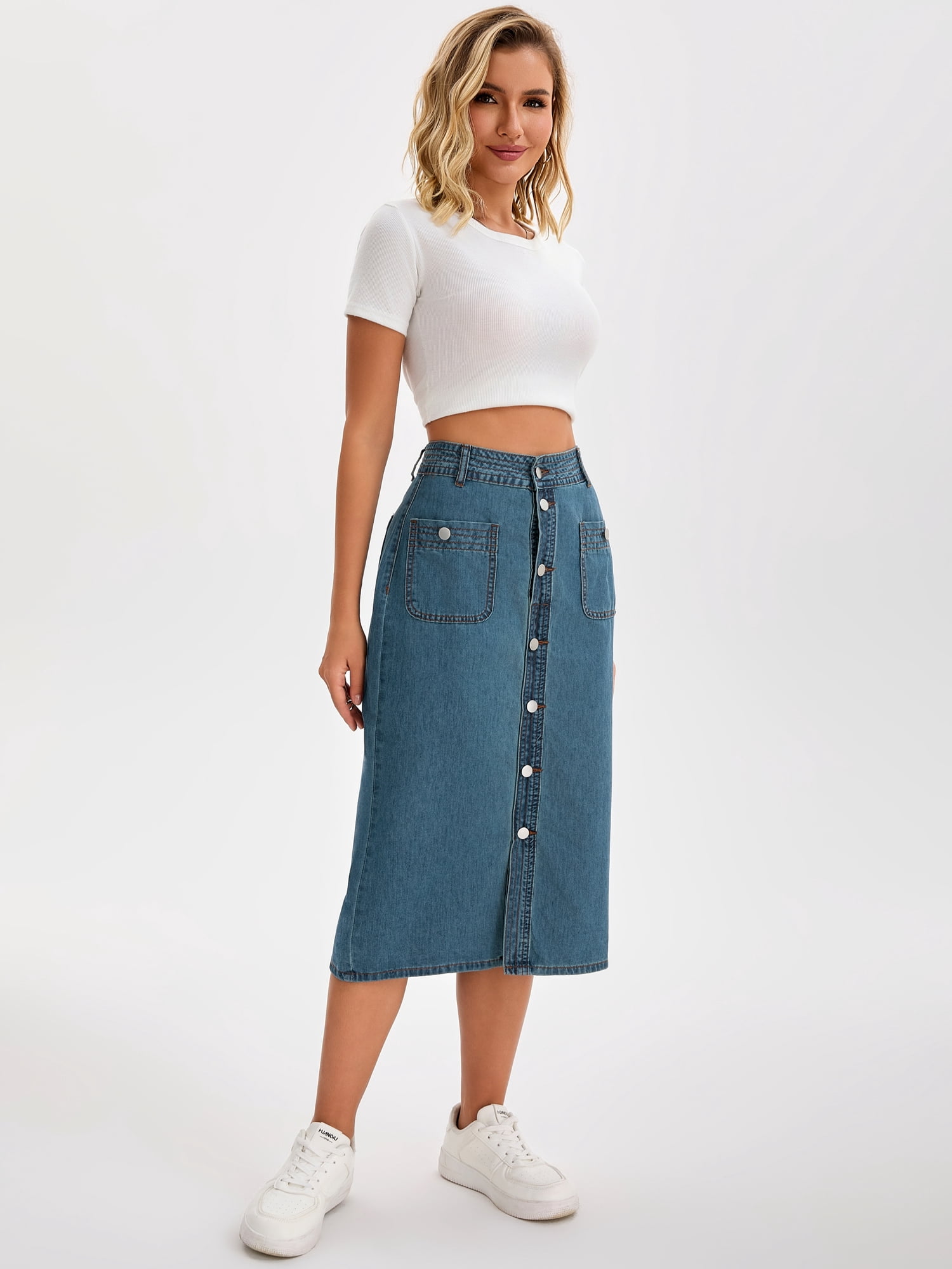 DARING DIVA Women's Slit Back Midi Denim Pencil Skirt with Pockets XL Retro Blue