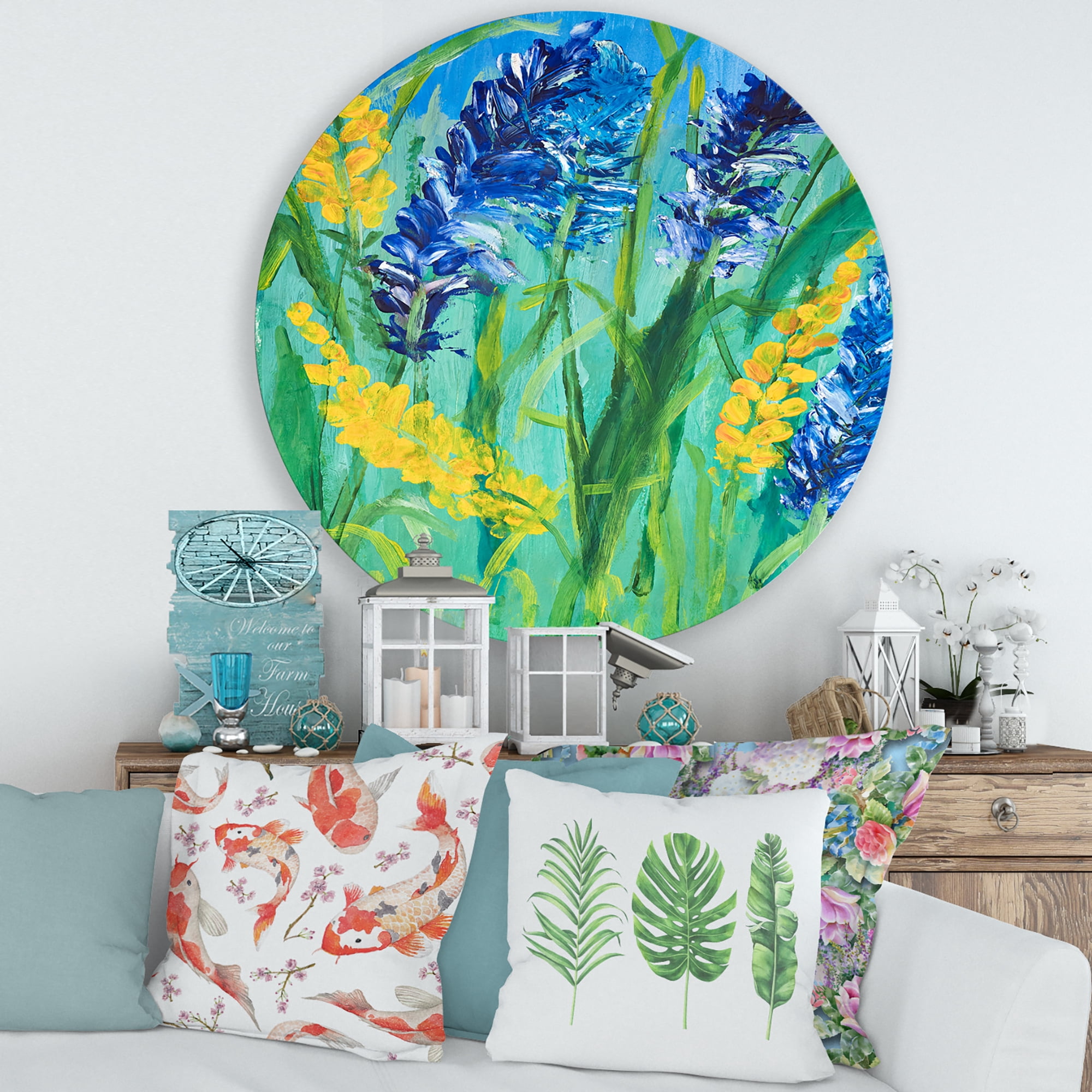 Designart 'Yellow and Blue Wild Flowers and Grass Gouache' Traditional Circle Metal Wall Art 29x29 - Disc of 29