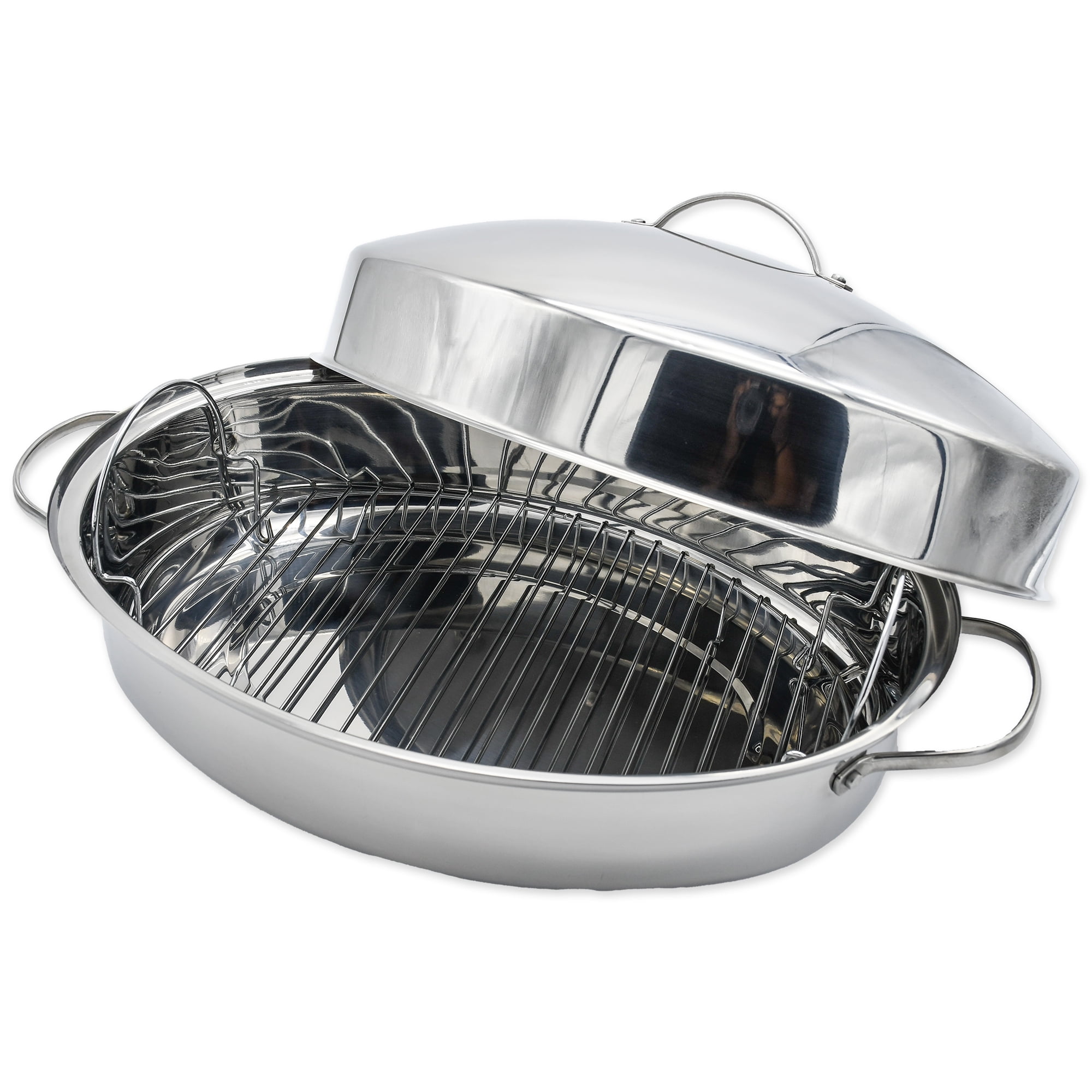Stainless Steel Chicken Fish Meat Roasting Tray Pan Set Lid Oval Cooking Baking 