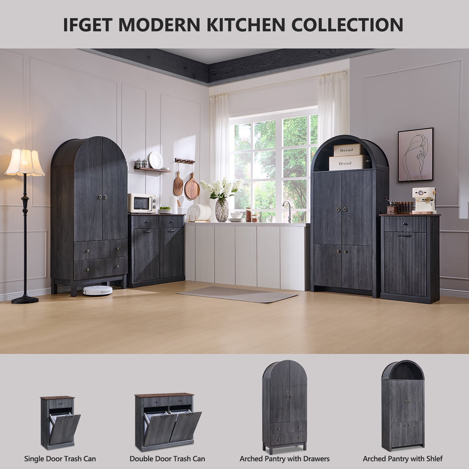 SinCiDo Arched Pantry Storage Cabinet with 4 Fluted Wood Doors, 71" Modern Kitchen Organizer with 6 Doors Shelves & Adjustable Shelves, Versatile Cupboard for Kitchen Dining Room