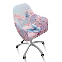 ZIATUBLES Butterfly Peach Flower Print Polyester Curved Back Dining Chair Covers Stretchable Swivel Vanity Desk Chairs Slipcover with Arms Soft Leisure Armchair Protector for Kitchen Living Room
