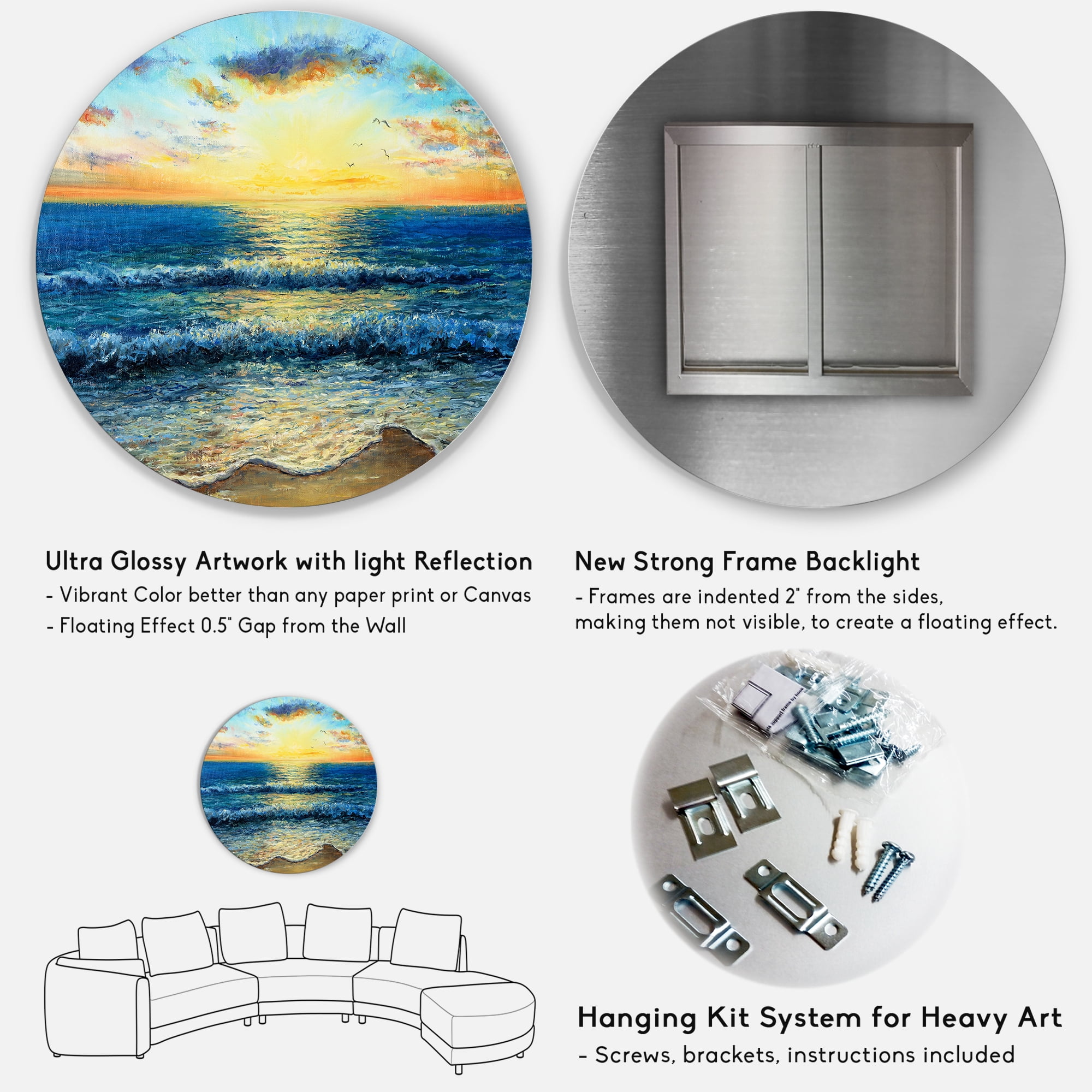 Designart 'Sunrise Glow On The Ocean Waves I' Nautical & Coastal Circle Metal Wall Art 29x29 - Disc of 29