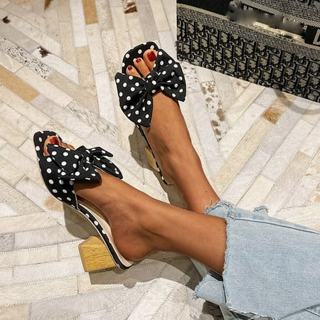 

KKCXFJX slippers for women New Ladies Bowknot Wave Square Heels Shoes 37-43 Slippers