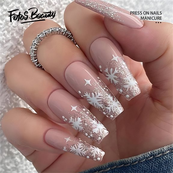 Fofosbeauty Christmas Nails 24pcs Press on False Nails Tips, Coffin Fake Acrylic Nails, Snowflake Powder Nude Pink