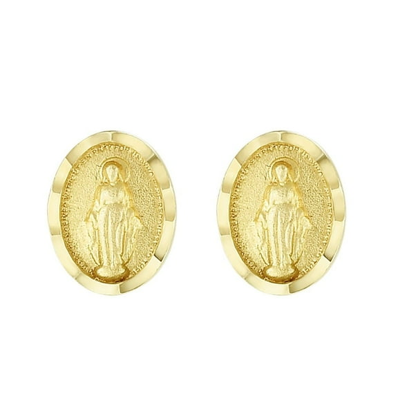 Ritastephens 14k Yellow Gold Miraculous Virgin Mary Oval Stud Earrings, 8x6mm
