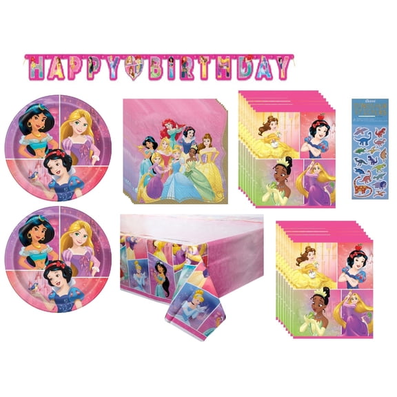 Unique Disney Princess Birthday Party Supplies Bundle with Loot Bags and Sticker Sheet, Serves 16