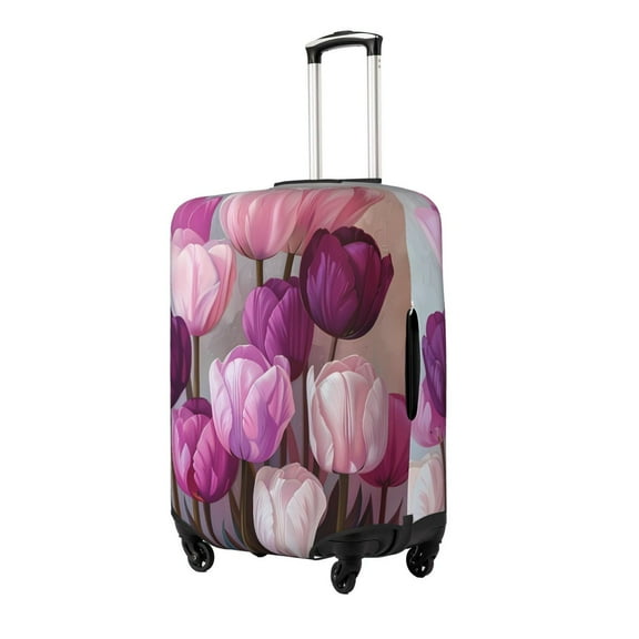 Xecao Purple And Pink Tulip Bouquet Print Elastic Luggage Cover, Double-sided Print , Perfect for Travel, Business, and Daily Use (Suitcase Not Included)-Small