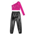 thumbnail image 4 of TiaoBug Kids Girls Sequins Hip Hop Jazz Ballet Dance Outfits One Shoulder Long Sleeve Crop Top with Metallic Pants Set Hot Pink&Black 10, 4 of 5