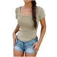 thumbnail image 2 of ECZHAW Womens Cotton Tees Summer Short Sleeve Scooped Neck Solid Color T Shirts Casual Cropped Slim Fit Sexy Blouses Tops, 2 of 6