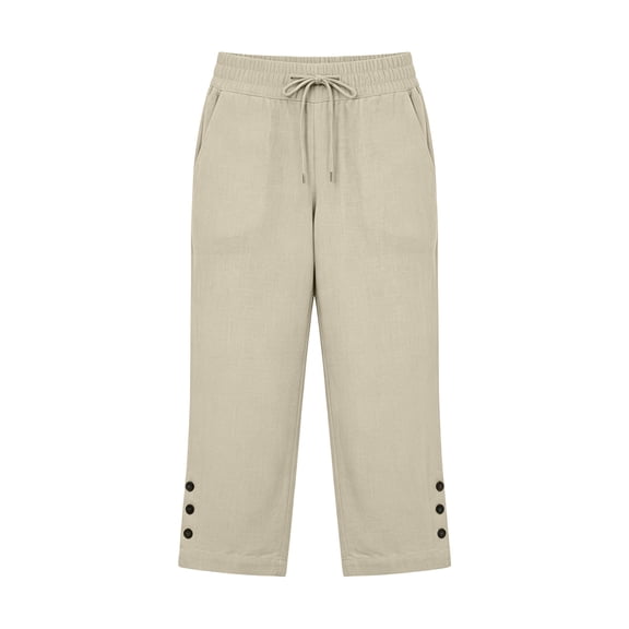 JFGHDG Cotton Linen Capri Pants for Women Tailored Split Button Elastic Drawstring Waist Straight Leg Capris Light Weight Summer Casual with Side Pockets Beige L