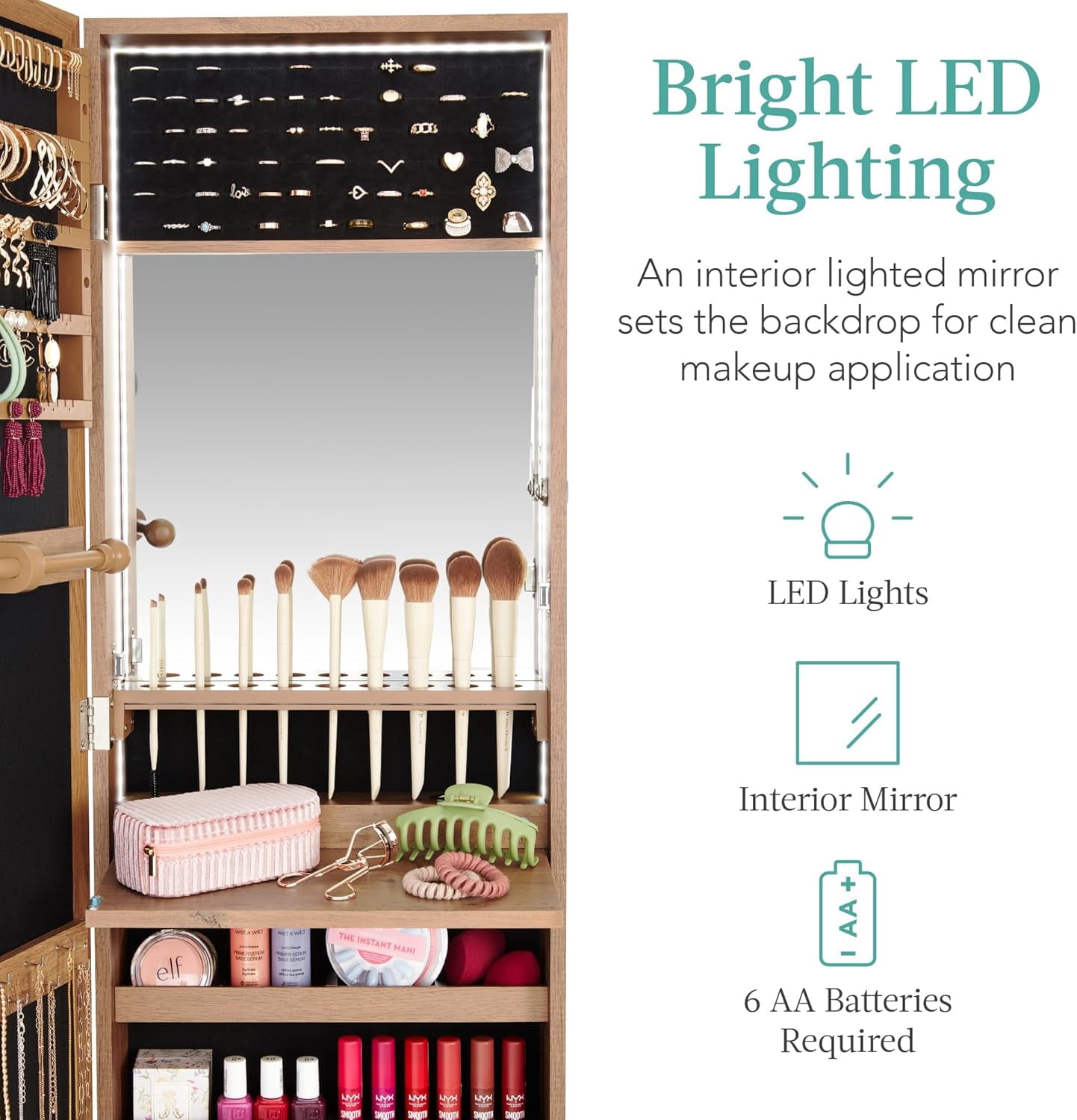 WBTER LED Mirror Jewelry Cabinet, Tall Lockable Wall or Door Mounted Jewelry Armoire Organizer with Mirror, 2 Drawers, Lock, Cosmetic Tray, Shelves - Rustic Brown