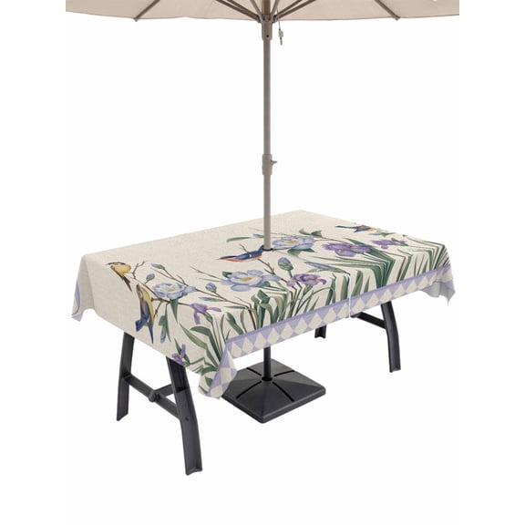 Spring Flowers Outdoor Tablecloth - 60x84 Inch Rectangle Dining Table Cover, Vintage Floral Leaves Birds Farmhouse Plaid Waterproof Outdoor Table Cloth with Umbrella Hole & Zipper for Picnic/Patio