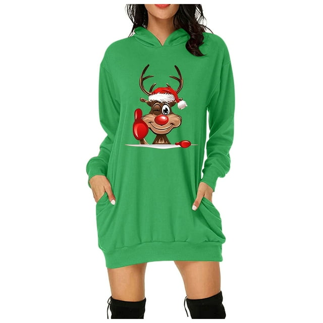 TJAZFJPA Robes à Col en V pour Femmes Confortables Vintage Joyeux Noël Robe Imprimée Manches Longues Chandails à Capuchon Robes Midi Manches Longues avec Poches Robes d'Été Rouges Robe de Bal