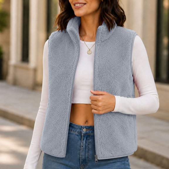 Mifsaly Womens Sherpa Fleece Vest Sleeveless Zip Up Jacket Stand Collar Warm Cozy Winter Outerwear Soft Casual Lightweight Layering Waistcoat Blue,XXXL