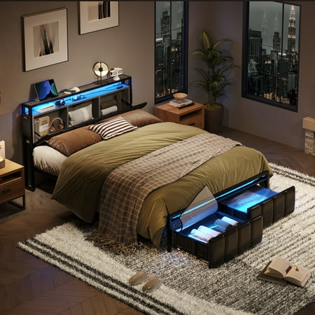 Bestier Queen Size Platform Bed Frame with PU Leather Storage Headboard Led Lights Charging Station 2 Dust-proof Drawers Black