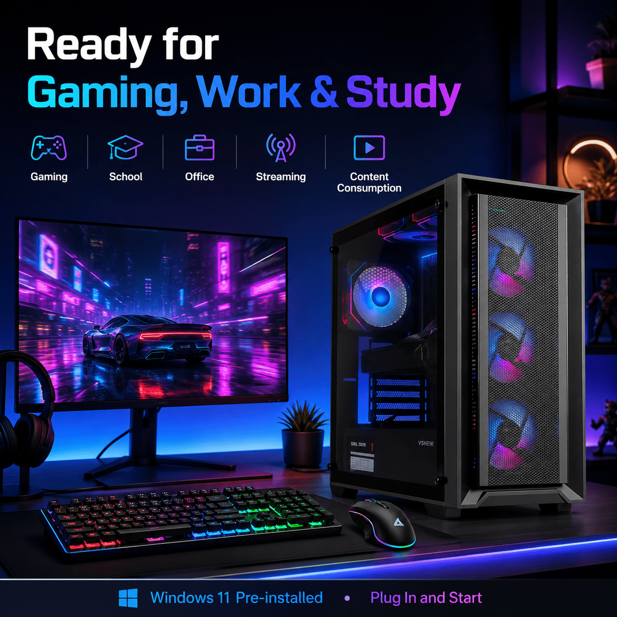 Gaming PC Desktop Computer Intel I7, GTX 1050, 32GB RAM, 256GB SSD + 1TB HDD, WiFi6 & BT5.4, Windows 11, With Keyboard & Mouse