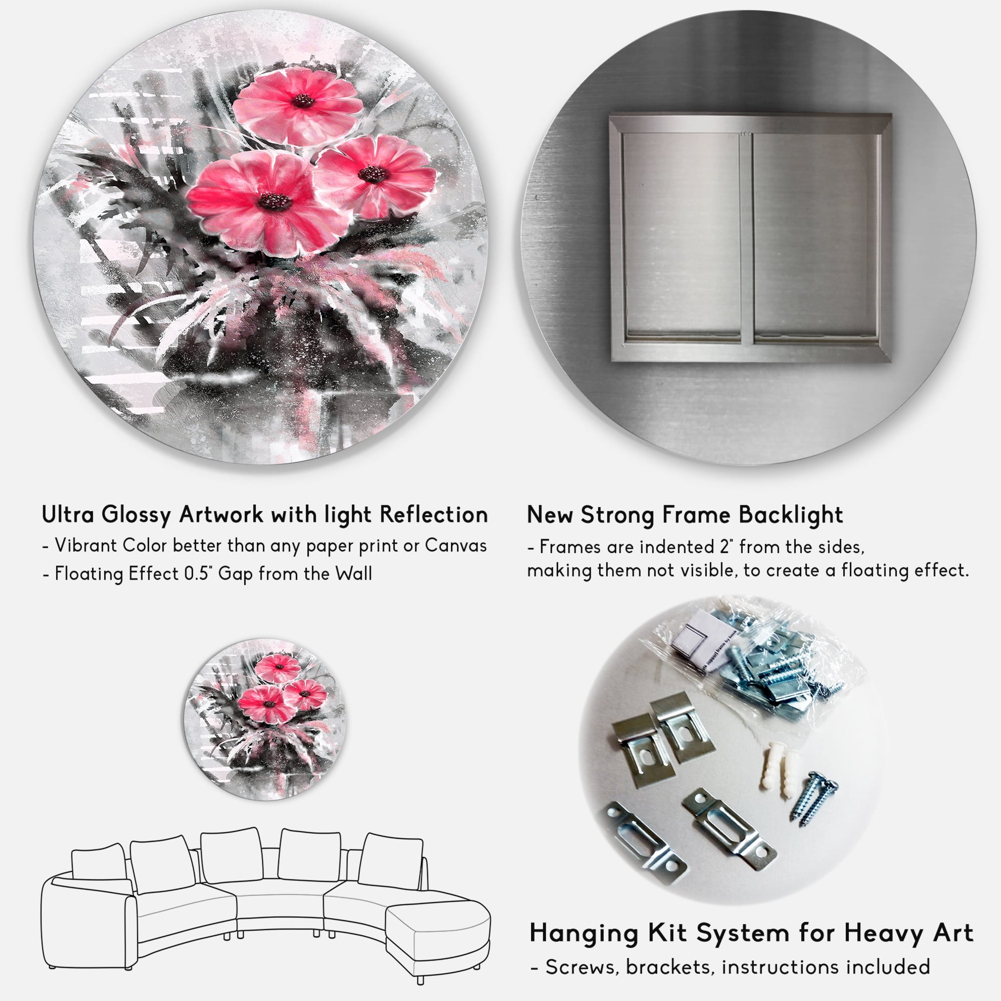 Designart 'Abstract Red Flowers On Gray Background' Traditional Circle Metal Wall Art 11x11 - Disc of 11