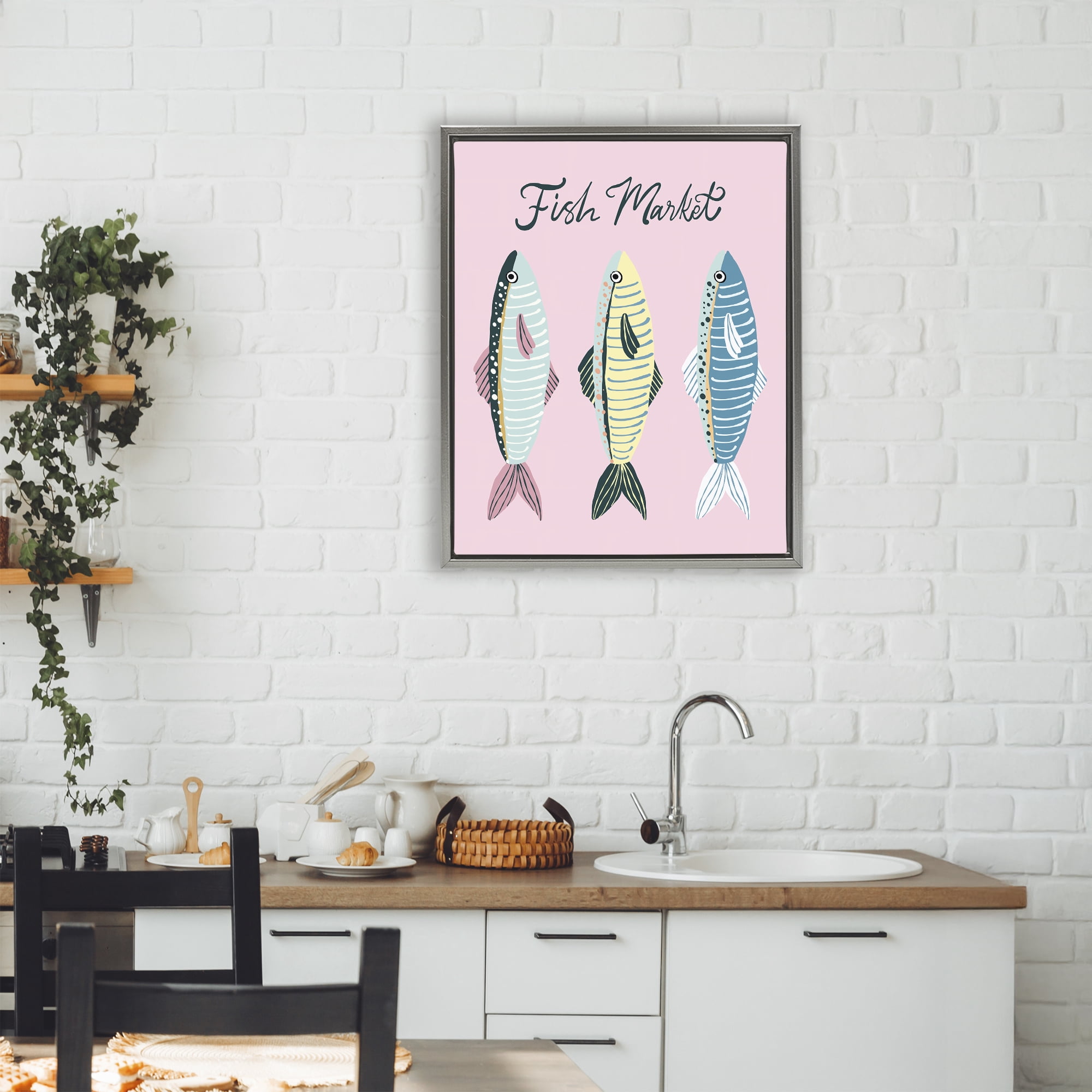 Stupell Industries Quirky Coastal Fish Market Gray Framed Floater Canvas Wall Art, design by Hey Bre! Creative Studio