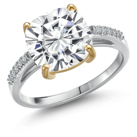Gem Stone King 925 Silver and 10K Yellow Gold Moissanite and White Lab Grown Diamond Engagement Ring for Women | 5.08 Cttw | Cushion 10MM | Gemstone Birthstone | Size 5